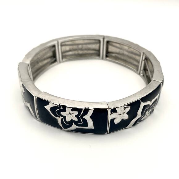 Lot of 2 LIA SOPHIA Bracelets Black Enamel Crystals Silver Tone Flowers Rings - Picture 6 of 8